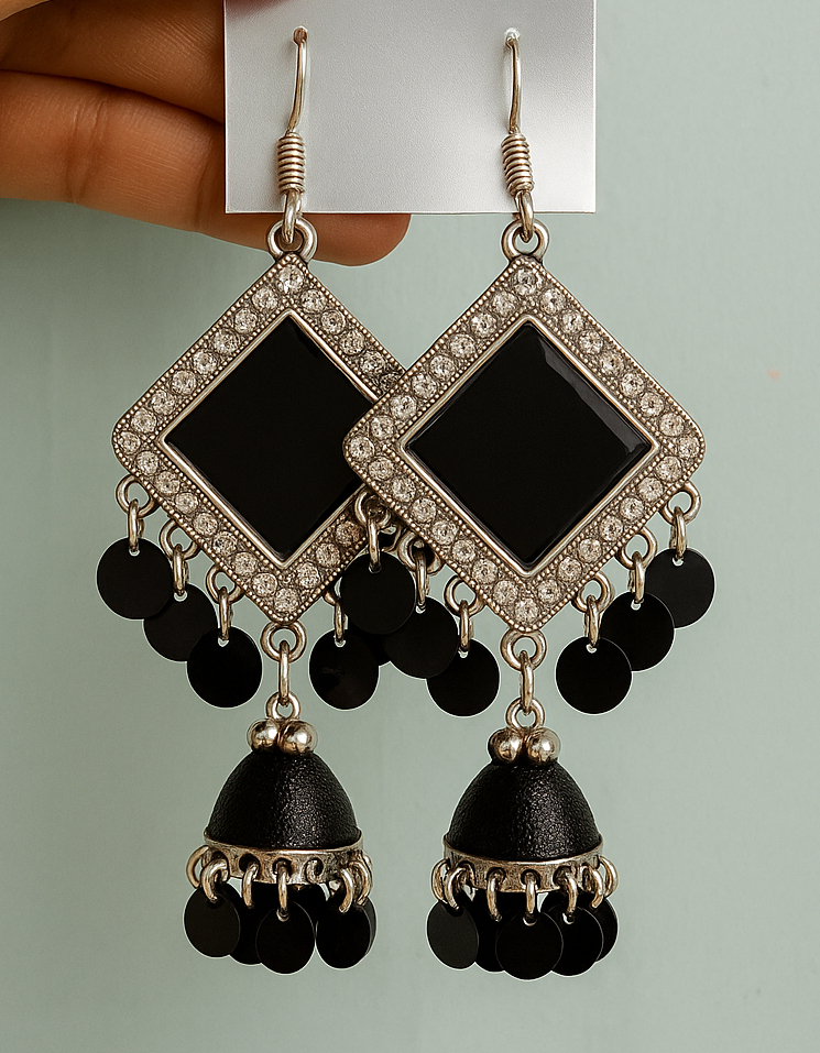 Black Mirror Dangle Jhumka Earrings