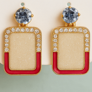 Gift Elegant Rectangular Crystal Earrings with Pink Enamel & Rhinestone Detailing