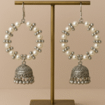 pearl & silver beaded hoop jhumka earrings