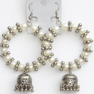 Gift Pearl & Silver Beaded Hoop Jhumka Earrings