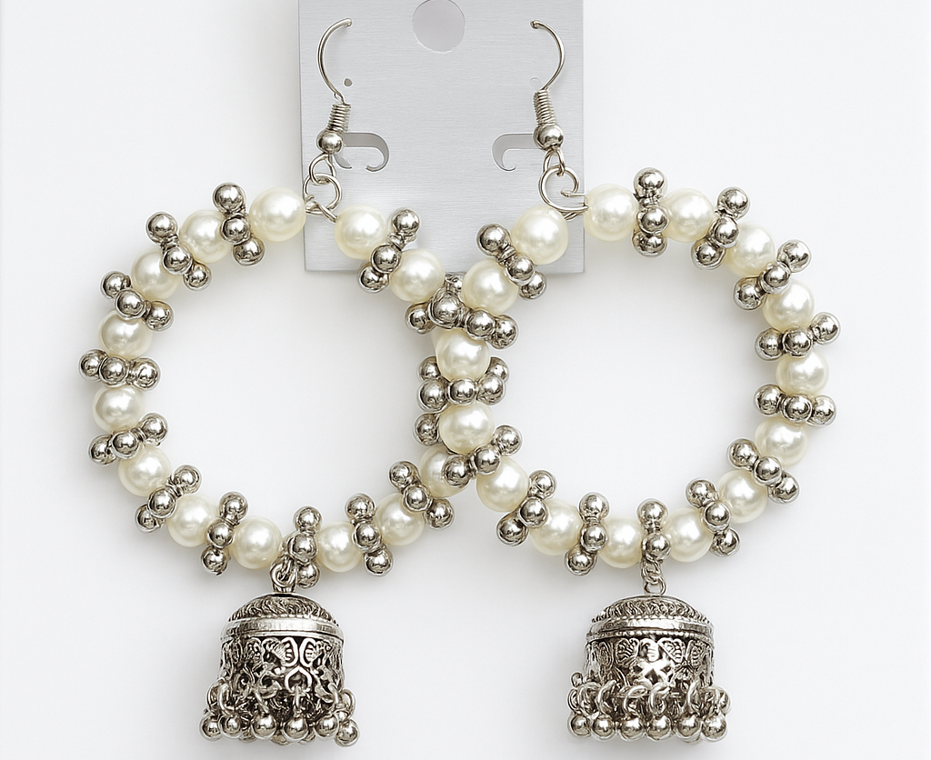 Pearl & Silver Beaded Hoop Jhumka Earrings