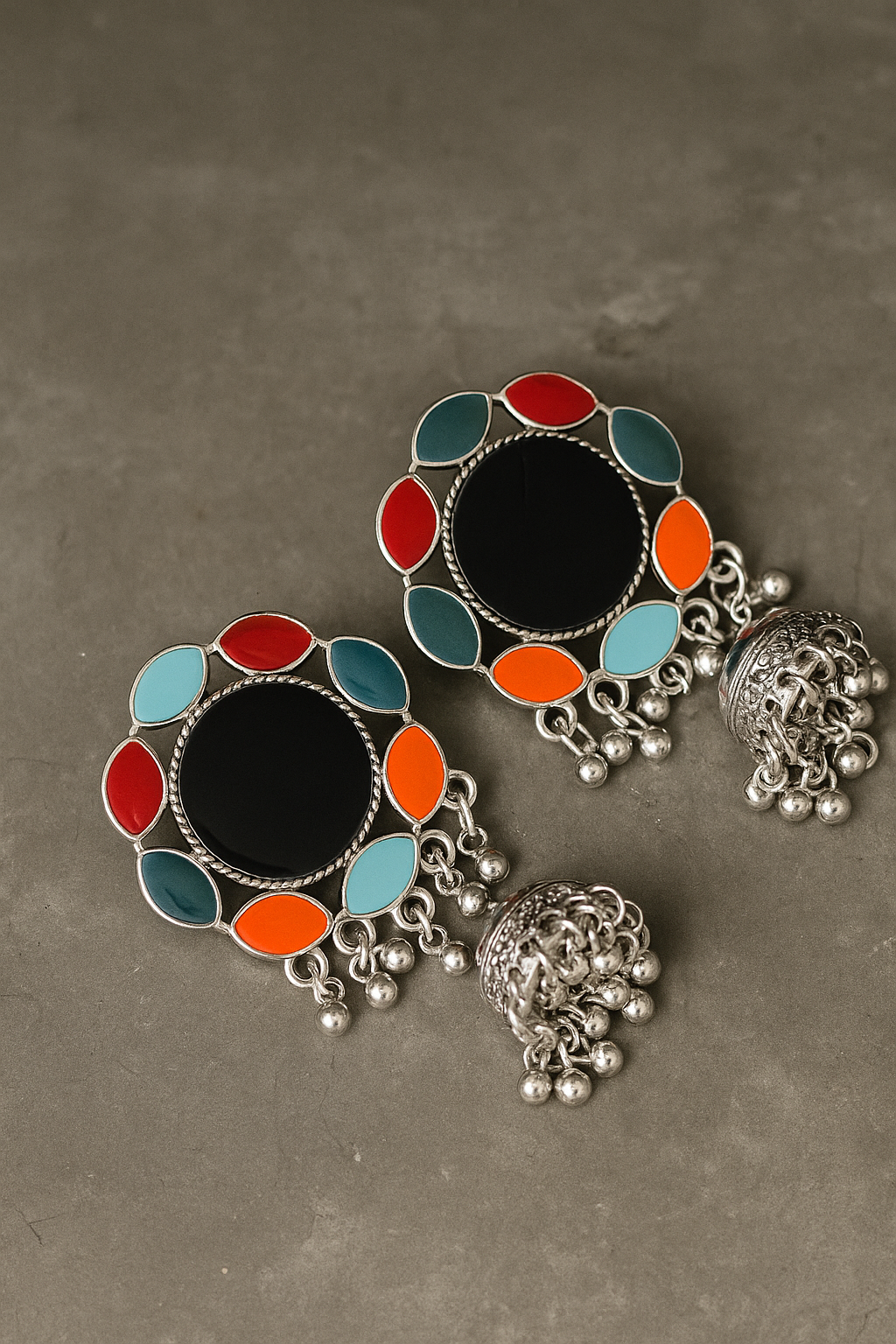 Trendy Mirror Work Multicolor Oxidised Jhumka Earrings