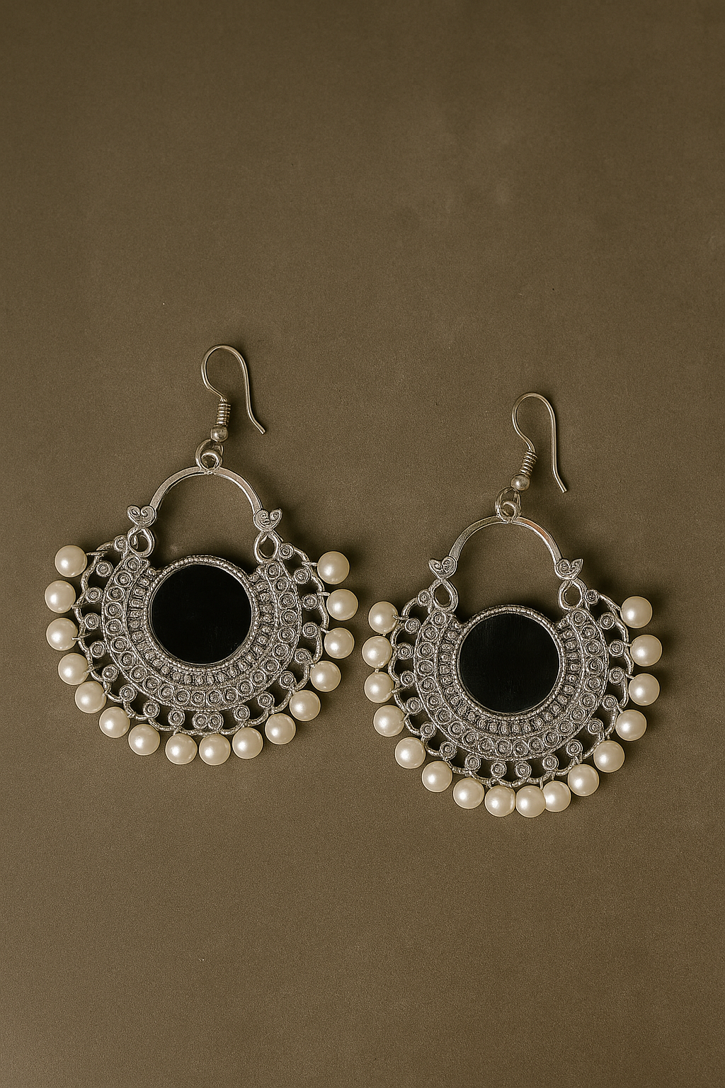 Silver Plated Pearl Studded Mirror Work Traditional Earrings