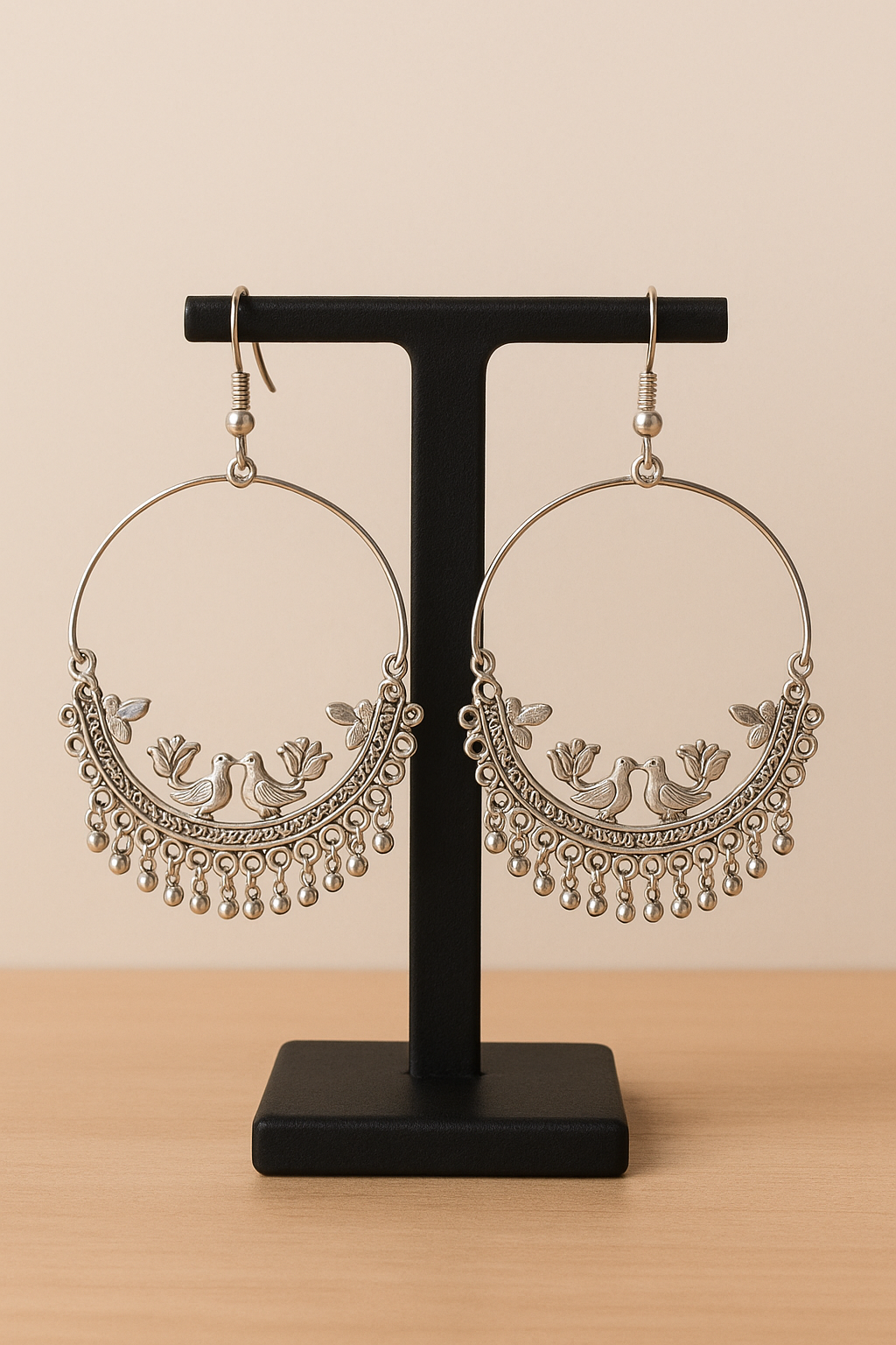 Trendy Oxidised Silver Bird & Floral Hoop Jhumka Earrings