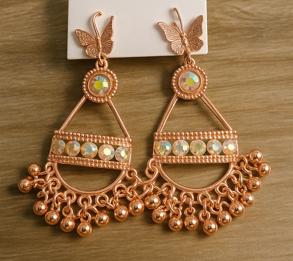 Trendy Rose Gold Butterfly Studded Jhumka Earrings with Sparkling Stones