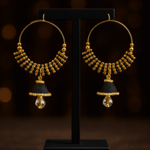 Gift Gold Plated Black Beads Hoop Earrings with Jhumka and Crystal Drop