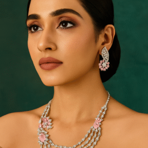 premium silver plated american diamond pink stone bridal necklace set with earrings