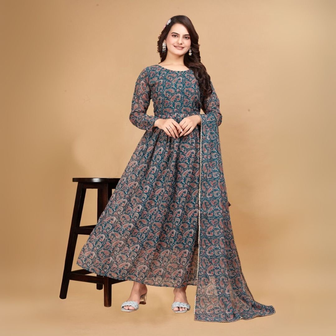 elegant digital print fox georgette gown with dupatta elegant digital print fox georgette gown with dupatta