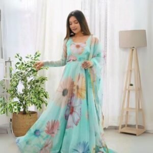 pastel blue floral printed georgette gown with dupatta