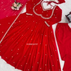 premium red faux georgette embroidered anarkali suit with dupatta & pants