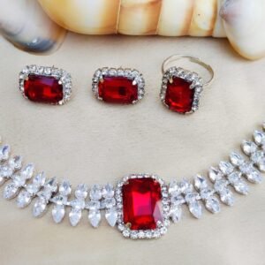 crystal glass & ad stone choker necklace set with earrings & ring