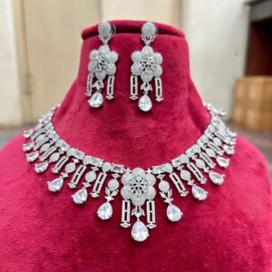 luxury silver toned ad stone necklace set with earrings
