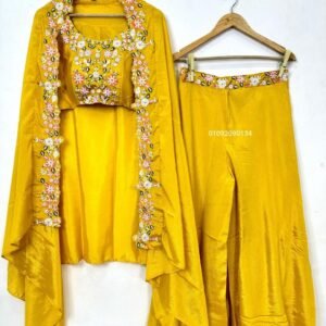fashion4u yellow chinon party wear set with bustier, palazzo & shrug | embroidered sequence work