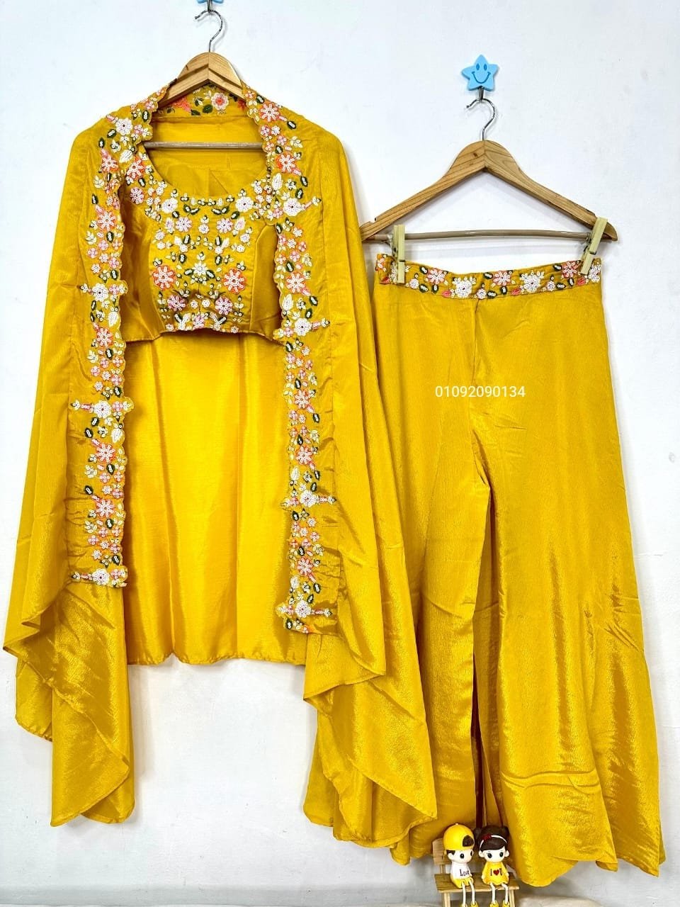 Women's Collection Fashion4U Yellow Chinon Party Wear Set with Bustier, Palazzo & Shrug | Embroidered Sequence Work