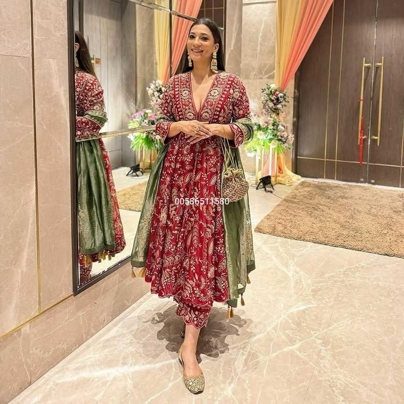 premium red anarkali gown set in chinon silk with heavy sequins embroidery & green dupatta premium red anarkali gown set in chinon silk with heavy sequins embroidery & green dupatta