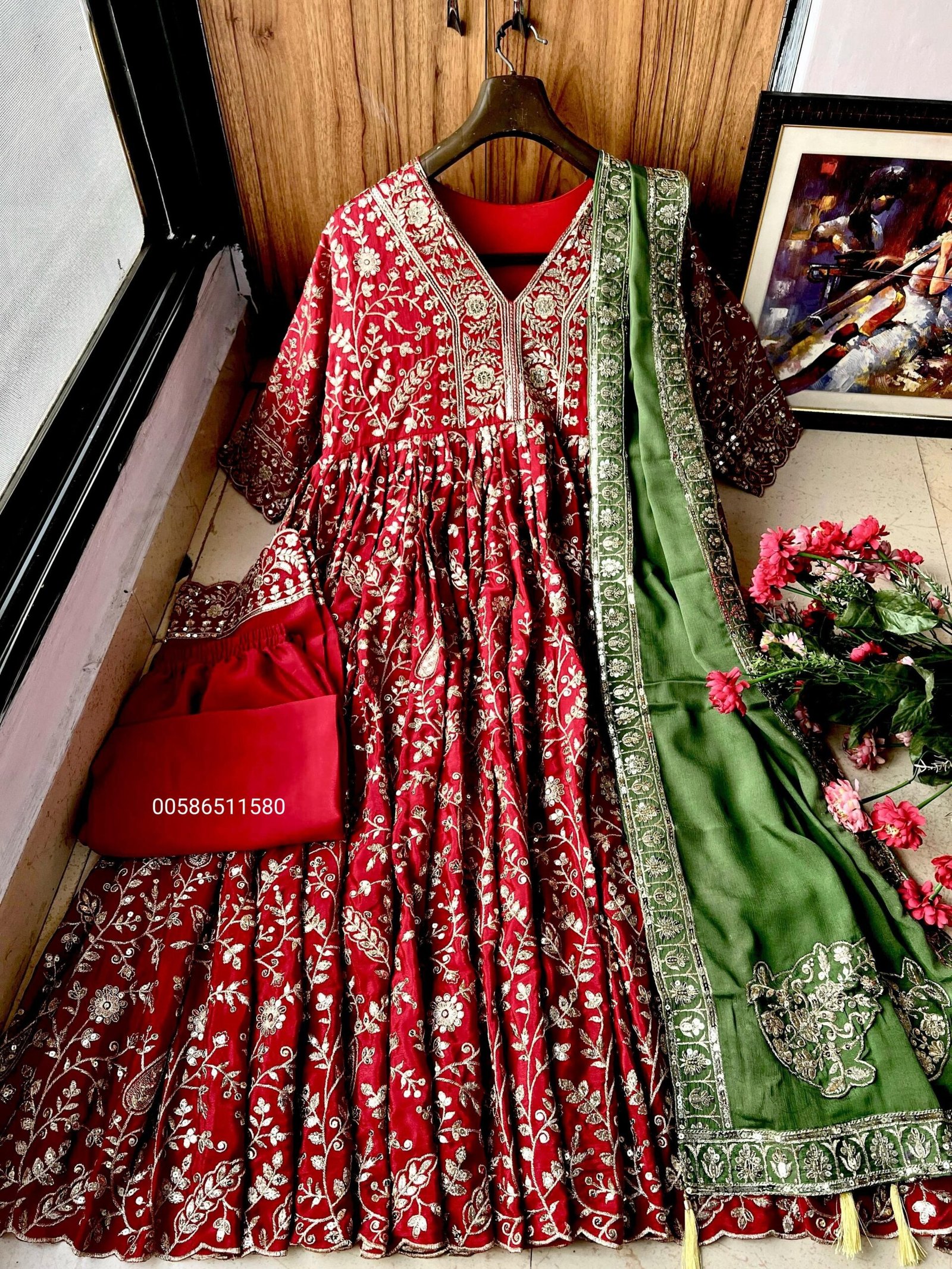 premium red anarkali gown set in chinon silk with heavy sequins embroidery & green dupatta premium red anarkali gown set in chinon silk with heavy sequins embroidery & green dupatta