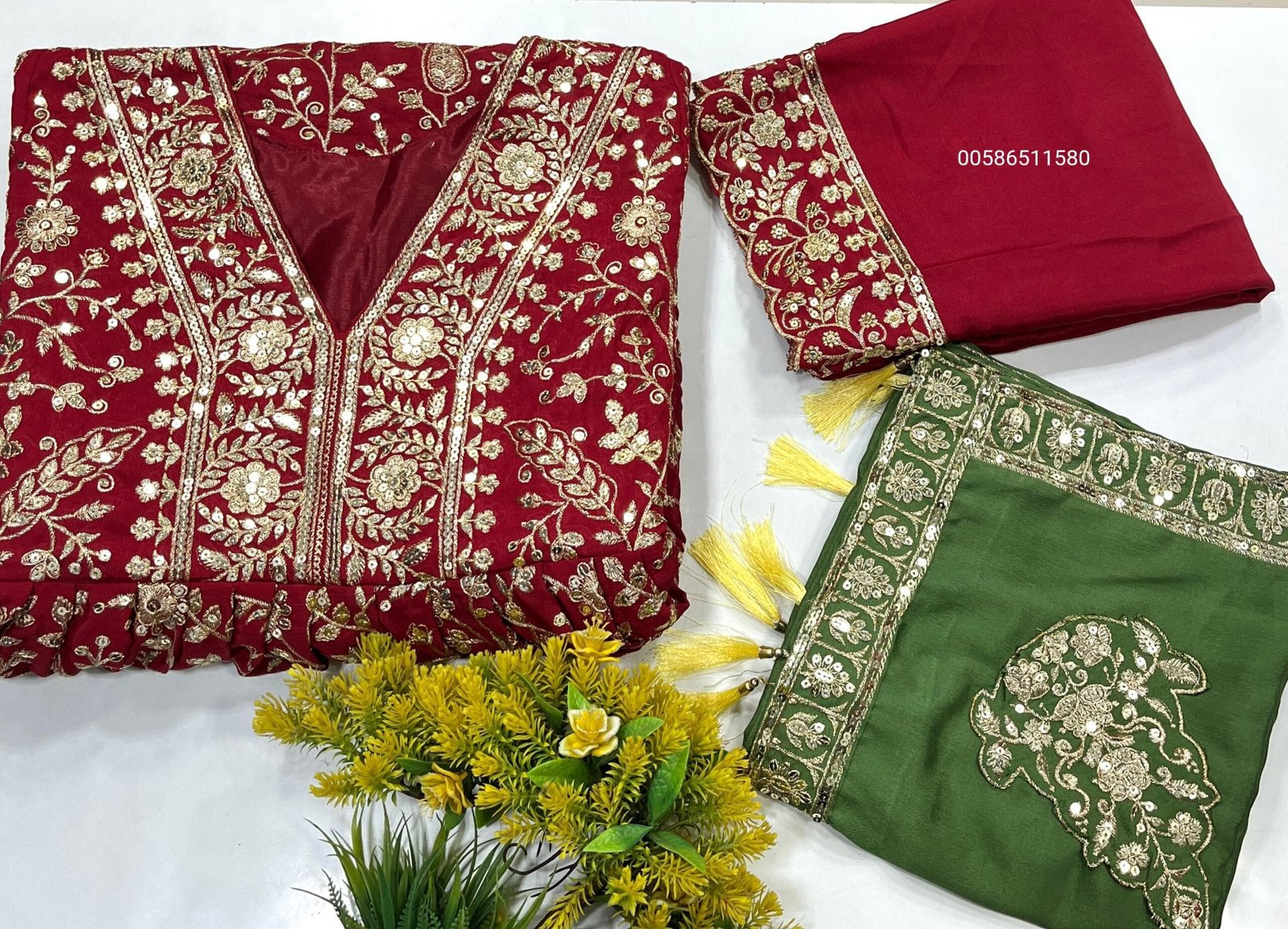 premium red anarkali gown set in chinon silk with heavy sequins embroidery & green dupatta premium red anarkali gown set in chinon silk with heavy sequins embroidery & green dupatta