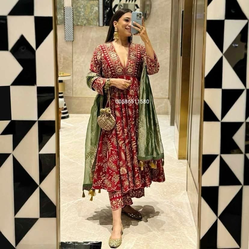 premium red anarkali gown set in chinon silk with heavy sequins embroidery & green dupatta premium red anarkali gown set in chinon silk with heavy sequins embroidery & green dupatta