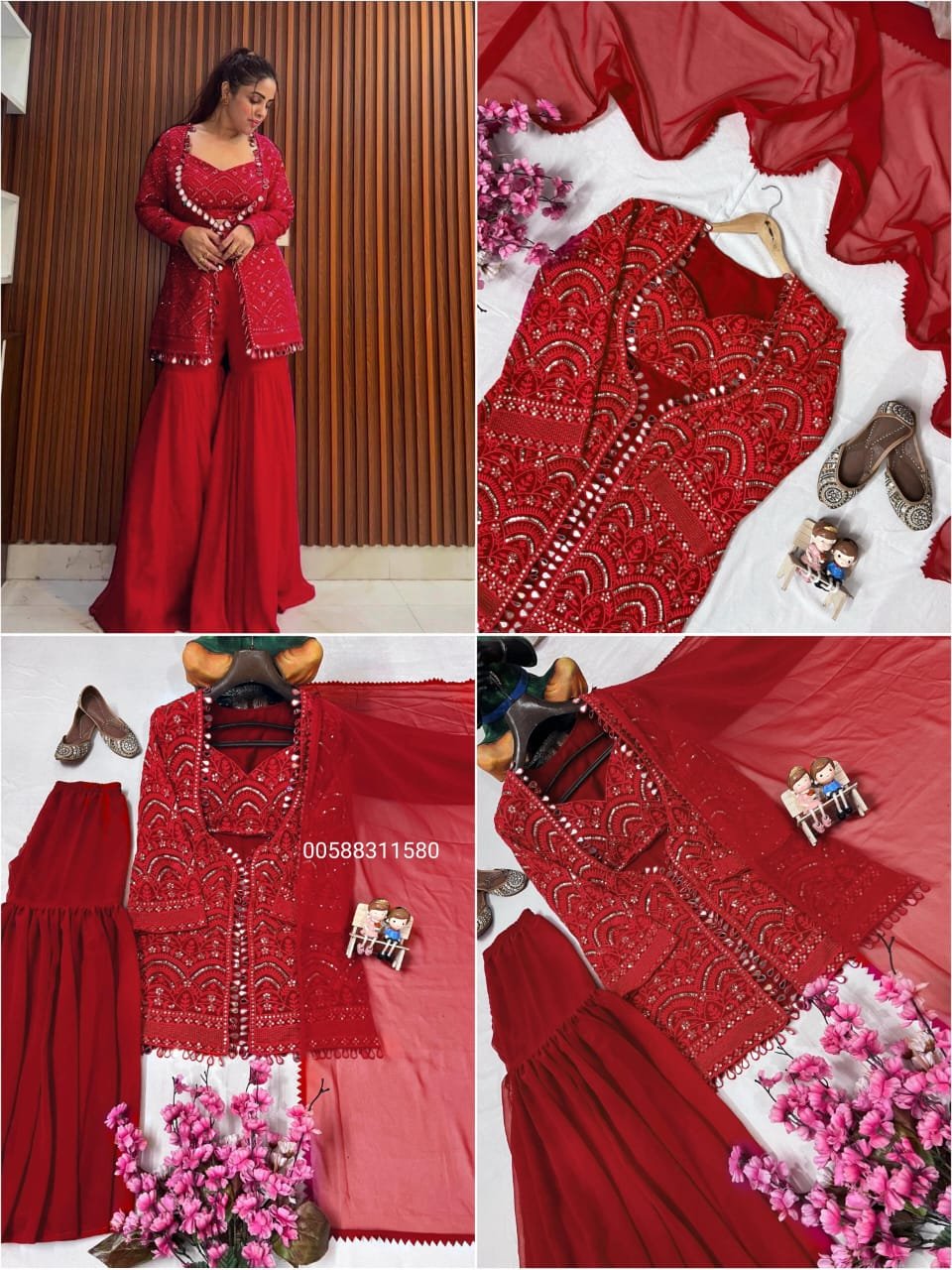 red embroidered indo western sharara set with jacket & dupatta