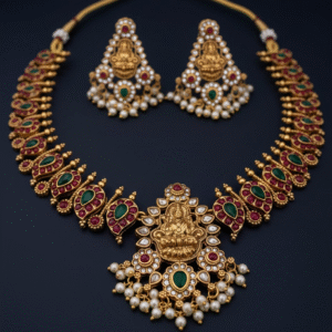 traditional temple jewellery necklace set with lakshmi motif, ruby & emerald stones