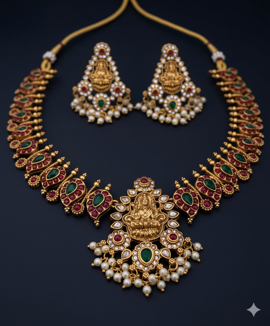 traditional temple jewellery necklace set with lakshmi motif, ruby & emerald stones traditional temple jewellery necklace set with lakshmi motif, ruby & emerald stones
