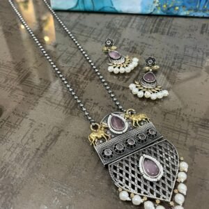 antique oxidised silver long necklace set with elephant motif & pearl drops