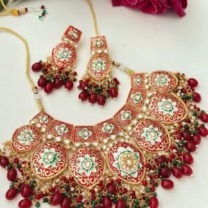 royal meenakari red beaded bridal necklace set with earrings