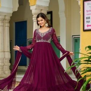 premium wine faux blooming designer gown with dupatta – heavy beads embroidery & 7 meter flair | readymade party wear anarkali gown