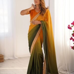 elegant ombre pink chinon silk saree with thread & sequin lace work