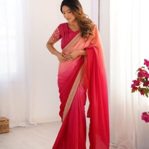 elegant ombre pink chinon silk saree with thread & sequin lace work