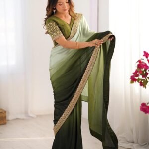 olive ombre chinon silk saree with thread & sequin work
