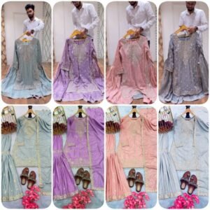 premium pure chinon embroidered top plazzo dupatta set