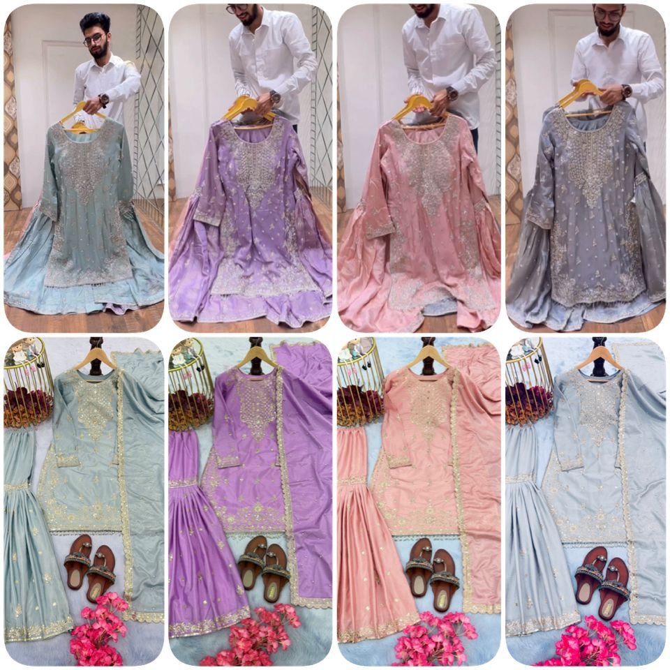 premium pure chinon embroidered top plazzo dupatta set premium pure chinon embroidered top plazzo dupatta set